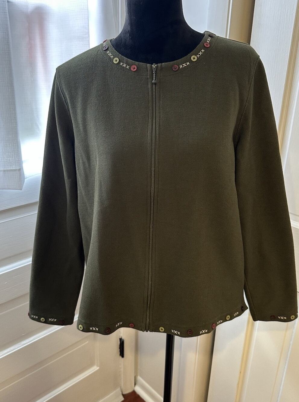 Christopher & Banks Full Zip Sweater XL Olive Green Zip Up Embroidery Buttons